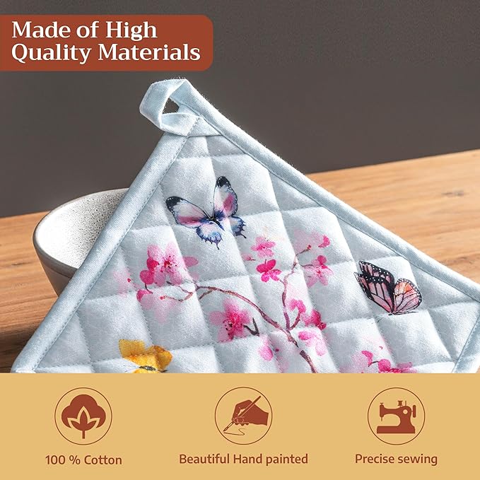 Maison d' Hermine Pot Holders 100% Cotton Heat Resistant Potholders 8" x 8" Hot Pads with Loop Cooking Baking Gifts for Mothers Day Handling Hot Pans Spring/Summer (Pack of 2, Blossoms in Spring)