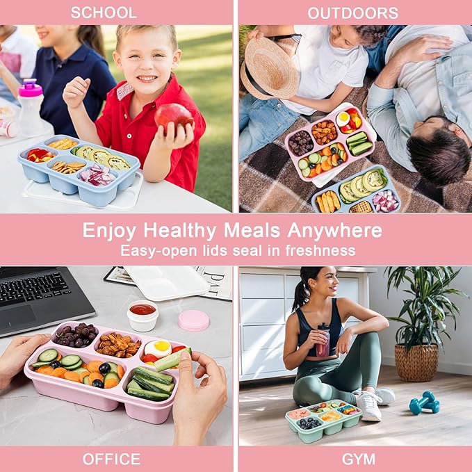 Caperci Bento Box Adult Lunchable Container - Reusable 3-Pack Snack Box Containers with 5-Compartment & 3pc Dressing Cups, BPA-Free Food Storage for Meal Prep, School, Work (Vintage Colors)