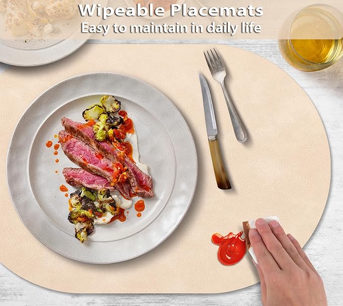 ADRIMER Placemats, Heat Resistant Oval Placemats Set of 12 Washable 12 x 17 Inch, Waterproof Table Mats, Wipeable Pu Place Mats for Kitchen, Dining Room, Beige