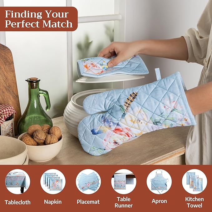Maison d'Hermine Oven Gloves 100% Cotton Oven Mitt 7" x 13" with Loop Heat Resistant BBQ Cooking Gloves Baking Grilling Gifts for Mothers Day Spring/Summer (Pack of 1, Ibiza - Blue)