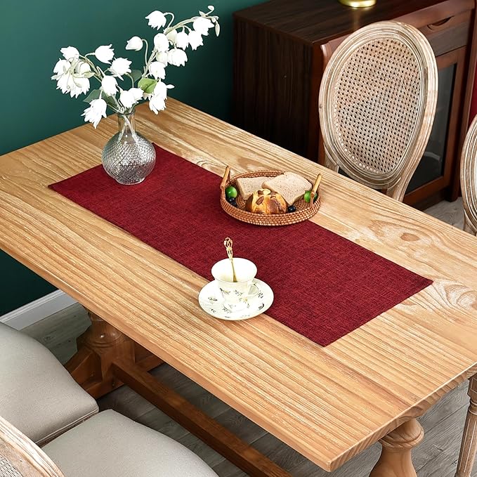 Farmhouse Rustic Faux Linen Table Runner Neutral Burgundy Table Runners Double Layer Reversible Rectangle Runners for Daily Use Kitchen Dining Banquet Holiday 13x36 Inch