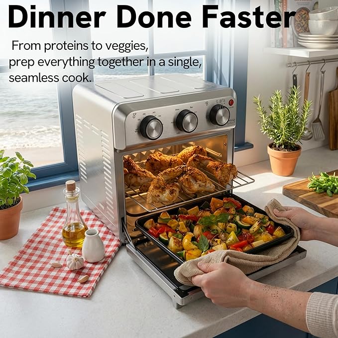 VAL CUCINA 6-in-1 Air Fryer Toaster Oven Combo, Compact 12.7 QT Small Countertop Convection Oven, Fits 9" Pizza & 4 Toast, Hexagon Hybrid Heating, Enamel Baking Pan
