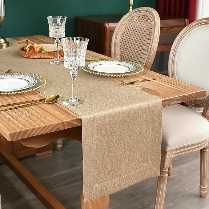NEWISHER Farmhouse Rustic Table Runner Solid Flaxen Rectangular Table Runners Faux Linen Table Runner for Everyday Use Kitchen Dining Party Table 13x48 Inch