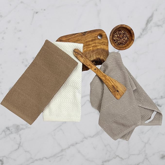 Beige White Brown Taupe Kitchen Hand Dish Towels: Oversized 28" x 18",100% Cotton Cloth Soft Cleaning Drying Absorbent Textured Design, Set of 3 Multipurpose for Everyday Use (Neutral Collection)