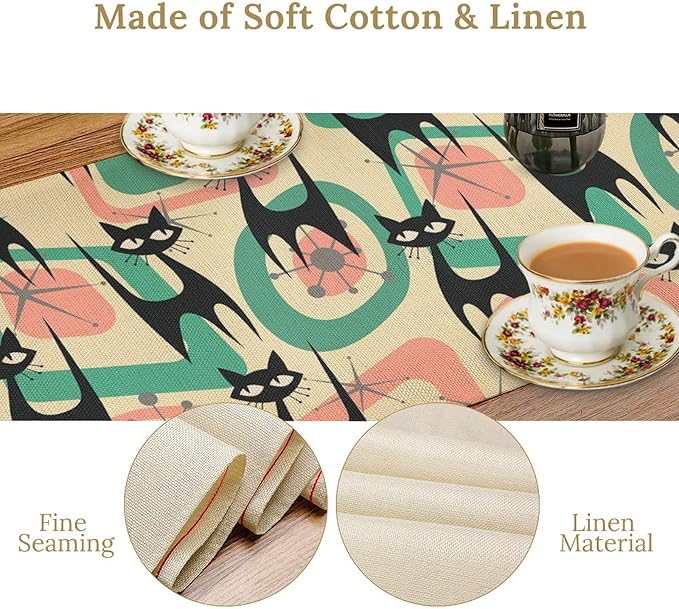 Mid Century Table Runner Black Cat Abstract Geometric Retro Art Printed Dinner Runner for Home Kitchen Dining Table Decor Fabric 1 Panel W13xL36in