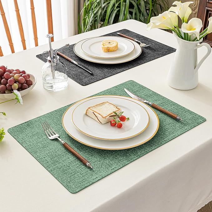 Romanstile Vinyl Placemats Set of 8-12x17 Inch, Reversible Waterproof Washable Non Slip Table Mats, Faux Leather Heat Resistant Wipeable Table Placemats for Dining/Party/Indoor/Outdoor, Grey-Green