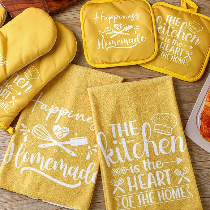 Sratte 6 Pcs Kitchen Decor Accessories Set Farmhouse Towels Pot Holders Oven Mitts Set 2 Dish Towels 2 Potholders 2 Cooking Mittens Oven Glove for Christmas Baking Cooking Supply(Yellow,Kitchen)