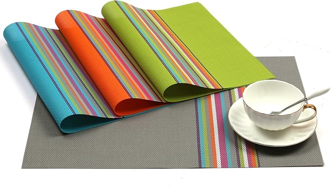 SHACOS Placemats Set of 4 Colorful Woven Vinyl Place Mats for Dining Table Reversible PVC Heat Resistant Table Mats (4, Multicolor)