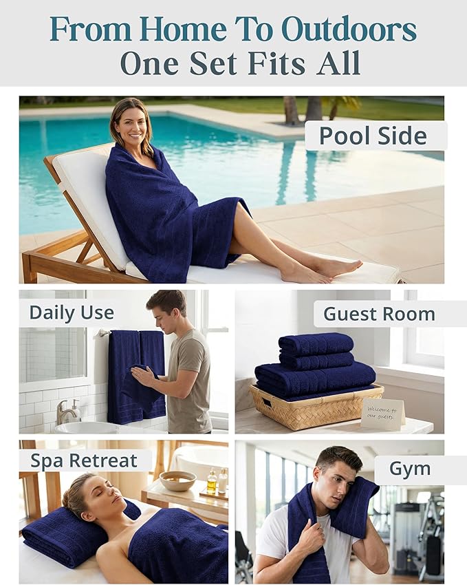 Casa Platino 100% Cotton Bath Towels - 8 Pcs Luxury Set - Soft, Absorbent & Durable - 2 Bath, 4 Washcloths, 2 Hand Towels for Bathroom - Sustainably Produced & Designed for Everyday use - Navy Blue