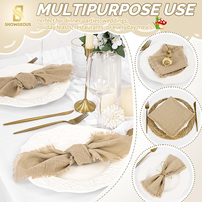 Showgeous 10 Pack Caramel Cloth Napkins with Fringe 16x16 inch 100% Cotton Caramel Napkins Handmade Dinner Napkins Bulk Washable Soft Rustic Table Napkins for Wedding Parties Bridal Baby Shower