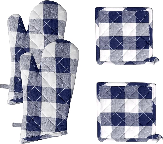 Native Fab Buffalo Plaid Check Oven Mitts and Pot Holders Set of 4, 100% Cotton Heat Resistant Kitchen Gloves, 2 Oven Mitts (7x13), 2 Pot Holders (8x8) for Cooking & Baking, Navy White