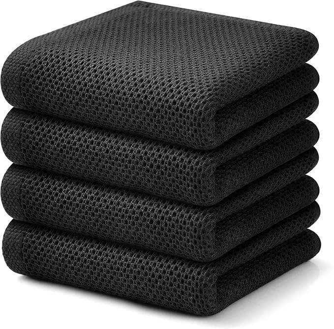 Kitinjoy 100% Cotton Waffle Weave Kitchen Hand Towels (13 x 28 Inches, Black), 4-Pack Super Soft and Absorbent Dish Towels for Drying Dishes