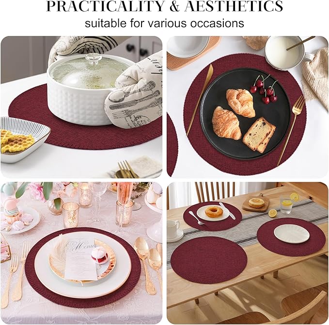 Round Placemats Set of 6, 15 Inch Linen Fabric Table Placemats, Heat Resistant, Wrinkle Free Washable Placemats Kitchen Place Mats Set of 6 for Dining Table Party Table (Wine Red, 6)