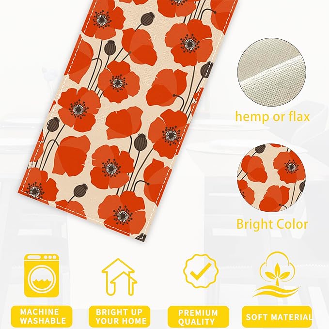 Table Runner Vintage Poppy Flower Table Runners Summer Seasonal Kitchen Dinning Decor for Indoor Outdoor Holiday Home Wedding Party 13x70 Inch