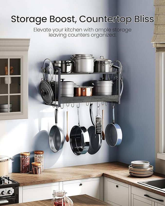 CHOEZON Hanging Pot Rack, Pot Rack Wall Mounted, 2-Tier Kitchen Pot and Lid Organizer, Wall-Mounted Cookware Holder with 12 Hooks, for Kitchen Storage of Pots, Pans, Utensils, Charcoal Black TPR02BC