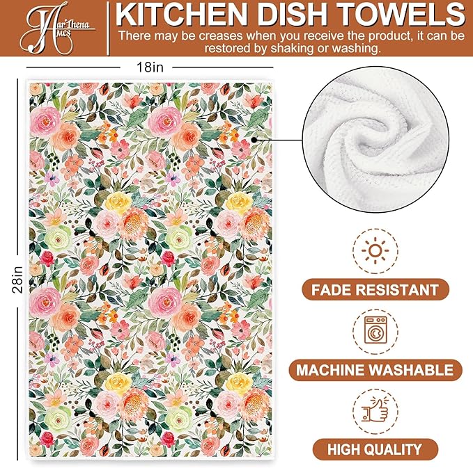 JarThenaAMCS Floral Kitchen Towel Watercolor Flower Dish Towel 18 x 28 Inch Vintage Rose with Leaves Hand Drying Tea Towel for Cleaning Wiping, 2Pcs