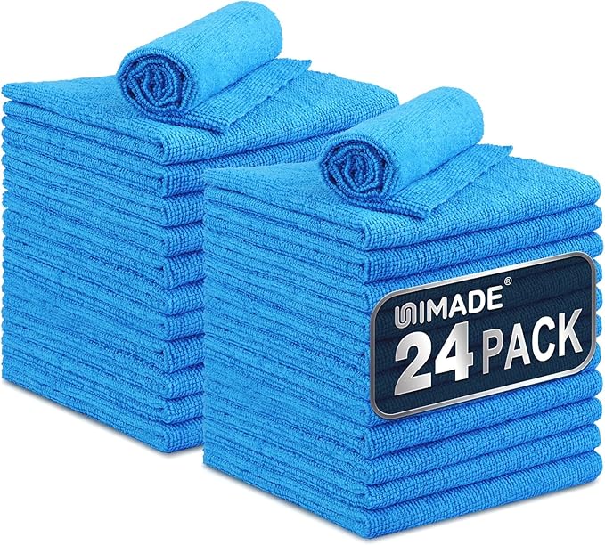 UNIMADE Microfiber Cleaning Cloth, 24 Pack Reusable Microfiber Towels for Cars Lint Free Cleaning Shop Towel Rags for Home Kitchen Automotive Bar Mechanic Restaurant Garage, 11"x 12", Blue