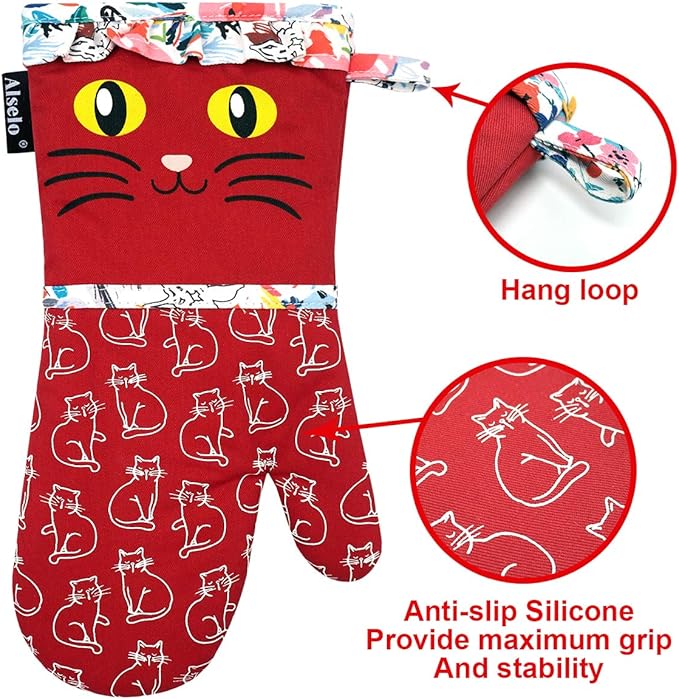 Alselo Oven Mitts, Heat Resistant with Soft Quilted Cotton Lining Set of 2, Fashion Animal Design with Silicone Printing Anti-Slip Kitchen Gloves for Safe Backing Cooking Barbecue (Red 2)