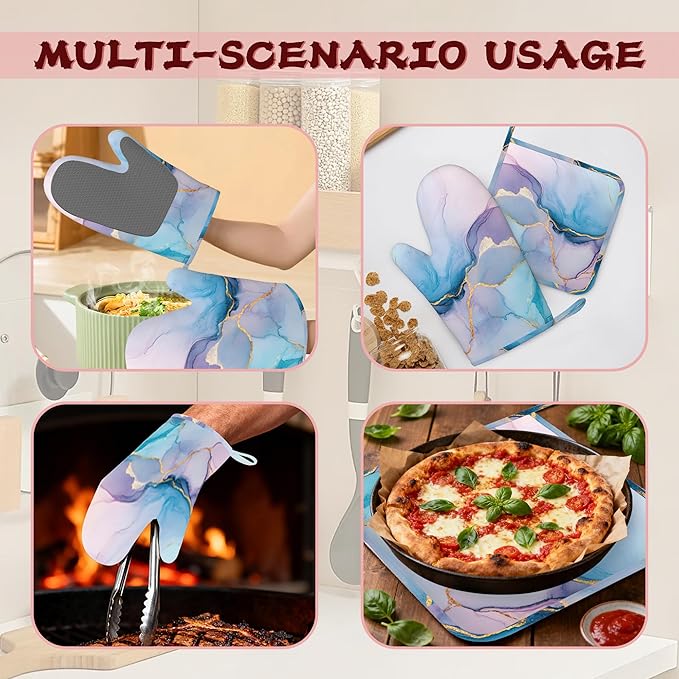 Golden Marble Pink Purple Blue Heat-Resistant Silicone Oven Mitts and Pot Holders,Long Oven Gloves with Non-Slip Grip for Cooking, Baking, Grilling,BBQ