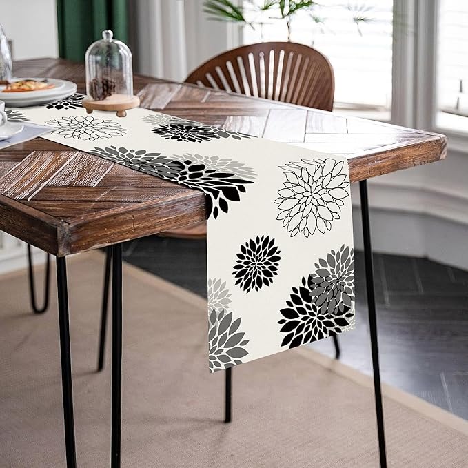 Black Gray Table Runner Dahlia Pinnata Flower Beige Table Runners Modern Elegant Pompon Farmhouse Geometric Coffee Table Center Decor for Home Kitchen Dining Party 13 x 90 Inch
