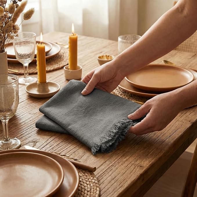ACCENTHOME Grey Cotton Linen Napkin Set of 12 18x18 inch Dinner Napkins - Washable Soft Premium Hotel Quality Reusable Hemmed Edges Napkins Perfect Table Linens for Family Dinners, Weddings