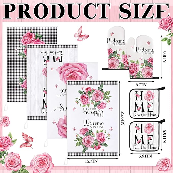 Leinuosen 8 Pcs Kitchen Towels and Dishcloths Sets Oven Mitts and Pot Holders Sets Absorbent Kitchen Gloves Potholders Heat Resistant for Chef Baking Cooking(Black and White,Rose)