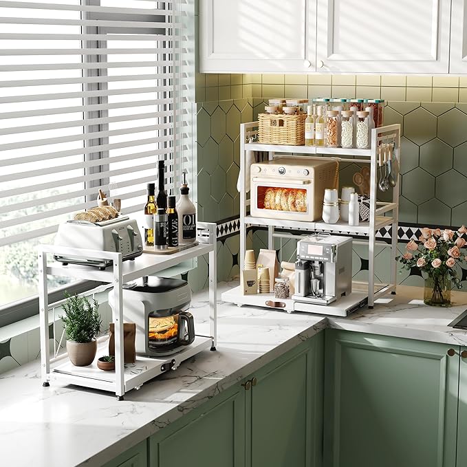 NETEL Expandable Microwave Stand,2 Tier Metal Kitchen Countertop Organizer Shelves with 8 Hooks,Bakers Rack,Pull-Out Microwave Shelf,Metal Storage Shelves,55lbs Weight Capacity,White