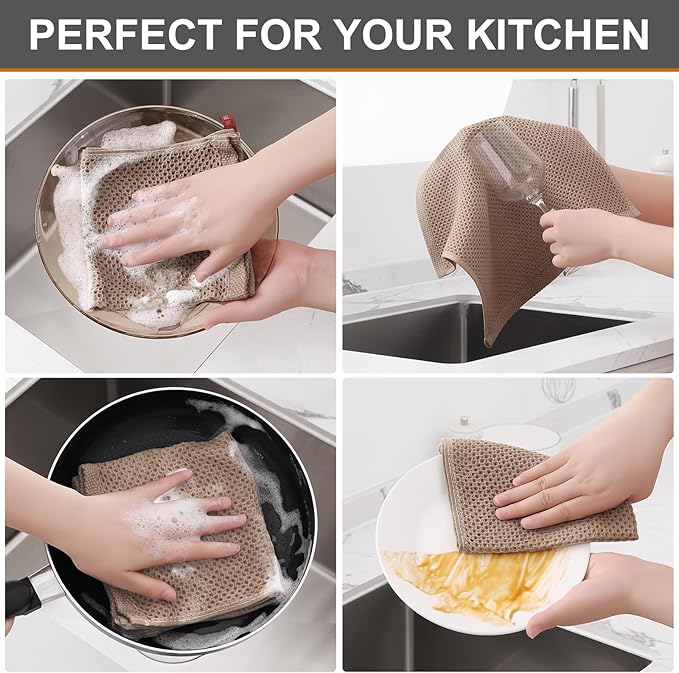 Kitinjoy 100% Cotton Kitchen Dish Cloths (12 X 12 Inches, Tan), 8 Pack Waffle Weave Ultra Soft Absorbent Dish Towels for Drying Dishes Quick Drying Kitchen Towels Dish Rags
