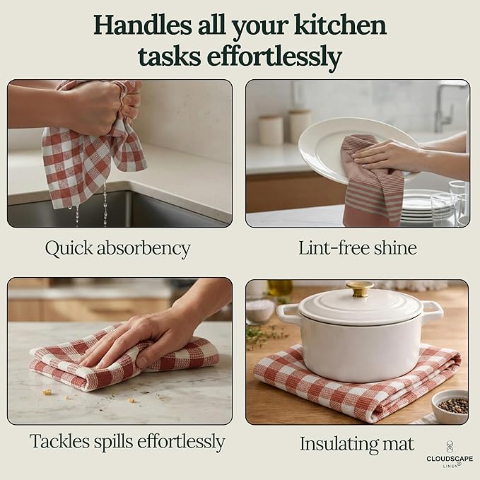 CLOUDSCAPE Kitchen Towels - 6 Pack 18”x28” Quick-Drying Dish Towels for Kitchen, Cotton Blended Stripe Hand Towels with Hanging Loop, Highly Absorbent, Durable Dish Cloths for Washing Dishes -Rust