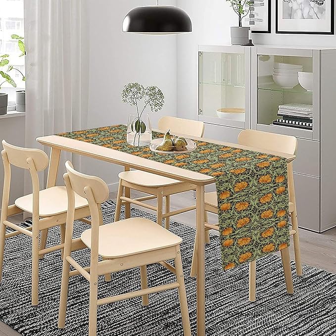 William Morris Floral Table Runner Vintage Farmhouse Sage Green Orange Art Printed Dinner Runner for Home Kitchen Dining Table Decor Fabric 1 Panel W13xL36in