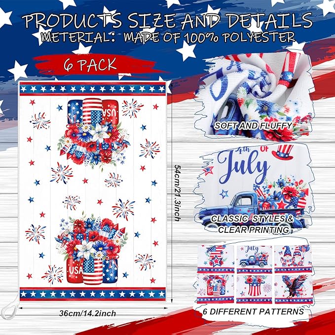 Breling Set of 6 4th of July Kitchen Towels Patriotic Themed Dish Towel Bathroom Decorative Rustic Cloths for Independence Day Kitchen Bathroom Home Cooking Housewarming, 14 x 21 Inch
