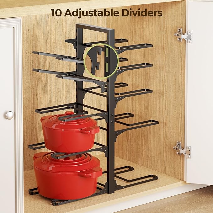 LAMU 10-Tier Pots and Pans Organizer under Cabinet, 23.62" Height Heavy Duty Pots Pans Organizer Rack for inside Cabinet Adjustable for Big Stockpots, Dutch Oven, Cast-iron Pans, Heavy Cookware