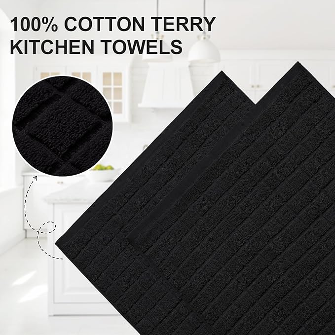 Homaxy Premium Cotton Kitchen Towels 16"x 28", Large Natural Ring Spun 390 GSM Dish Towels, Super Absorbent Terry Kitchen Hand Towels, Soft Tea Towels with Hanging Loop, Pure Black Design, 8 Pack