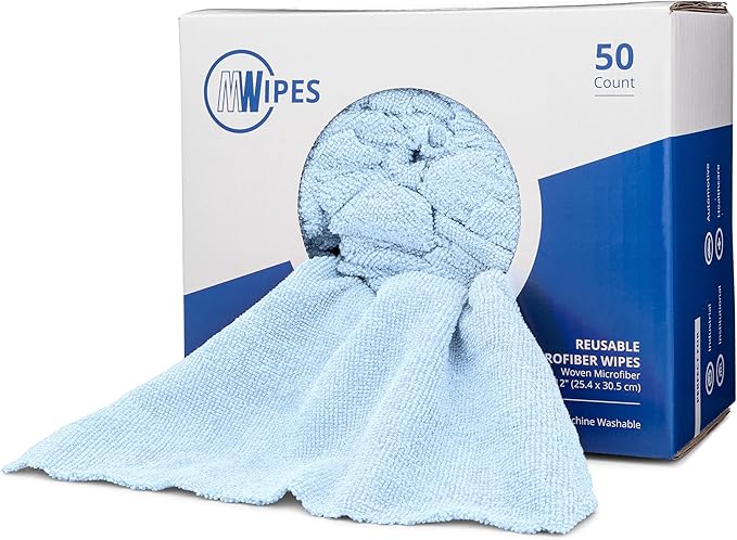 Microfiber Rags in A Box (50 Count) - Mwipes - 10" x 12" Reusable Wipes for Cleaning - Edgeless Terry Towels, Shop Rags, Wash, Dust, Disposable, House, Small Cleaning Cloths (Blue)