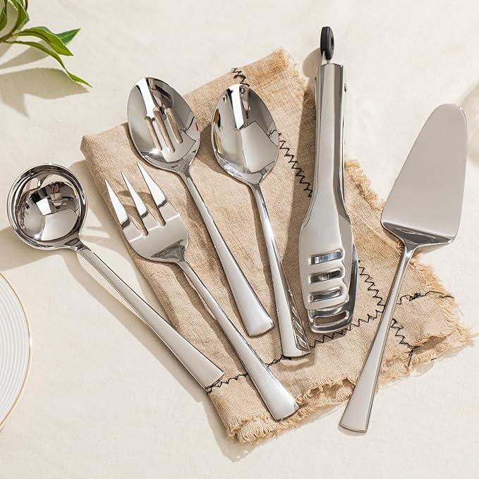 KINGSTONE 8 Piece Serving Utensils Set, 18/10 Stainless Steel Serving Utensils, Slotted Spoon, Serving Spoon, Fork, Tong, Soup Ladle, Cake Server for Buffet, Parties, Kitchen