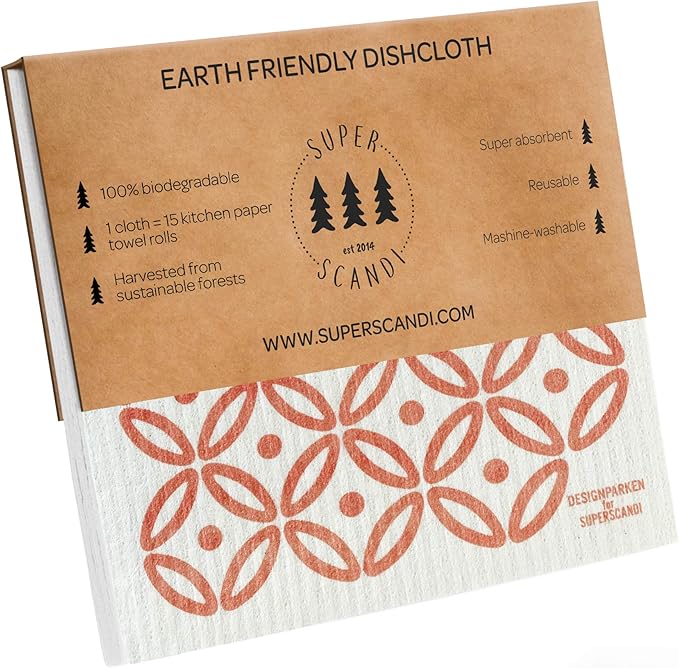 SUPERSCANDI 5 Pack Swedish Dishcloths for Kitchen - 100% Biodegradable & Compostable Reusable Paper Towels Washable, Food-Safe & Without Plastic - Dish Rags Suitable for Any Surface, Artdeco Coral