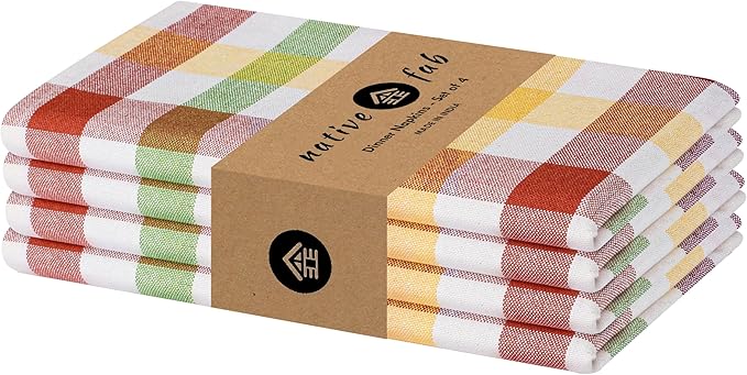 Native Fab Multi Color Check Cloth Napkins - Set of 4, 100% Cotton, 16x16 inch, Soft, Absorbent, Washable & Reusable Table Napkins for Dinner, Holiday, Farmhouse, Gift - Burgundy, Yellow, Rust, Green