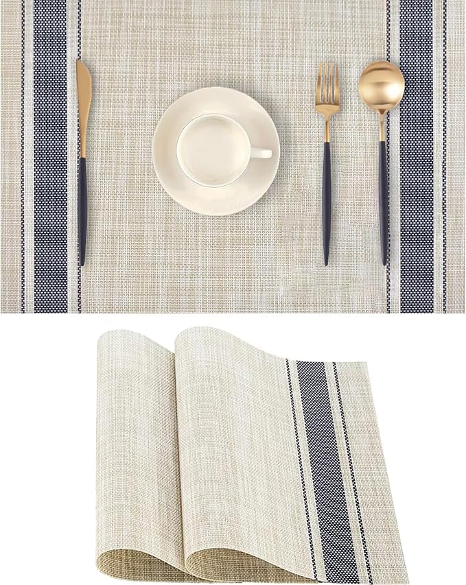 Khaki Blue Placemats Set of 2 - Heat Resistant Non-Slip Place mats for Dining Table, Washable Durable PVC Vinyl Woven Table Mats (Khaki Blue, 2)