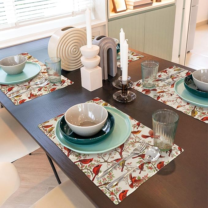 Red Cardinal Linen Placemats Set of 4, Washable Non-Slip Heat-Resistant Bird Berry Printed Table Mats for Kitchen Dining Table, Gift for Bird Lovers, Nature & Christmas Enthusiasts, Kitchen Home Decor