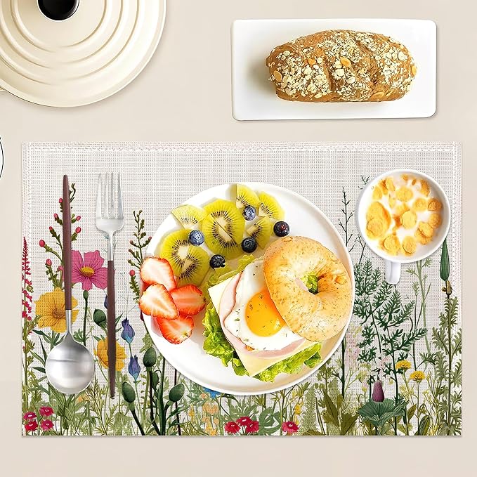 Set of 6 Washable Herbs and Wild Flowers Placemats Non-Slip Heat-Resistant 12x18 Inch Thick Decorative Linen Table Mats for Dining Table Home Décor