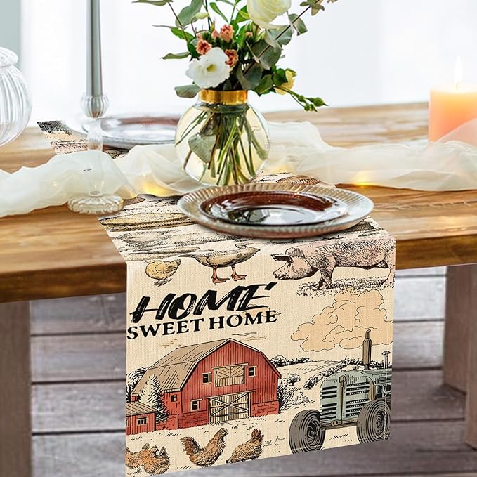 Farm Animals Dining Table Runner, Farmhouse Country Cow Lamb Pig Chicken Duck Barn Tractor Burlap Kitchen Decoration, Farmer Market Indoor Outdoor Sweet Home Decor Party Supply 13 x 108 Inches