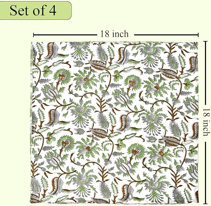 CPC Cloth Napkins Set of 4 Cotton Printed Dinner Hand Print Napkins I Wedding Cocktail Cloth Floral Napkins I 18x18 in I Mint Leaf