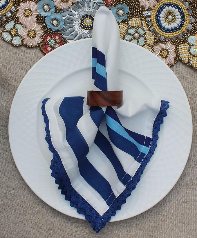 COTTON CRAFT Cloth Napkin - Set of 12 Pure Cotton Slub Elegant Lace Trim Everyday Dinner Napkins - Birthday Party Holiday Table Xmas Festive Gift - Thick Absorbent Washable Reusable Napkin -18x18 Blue