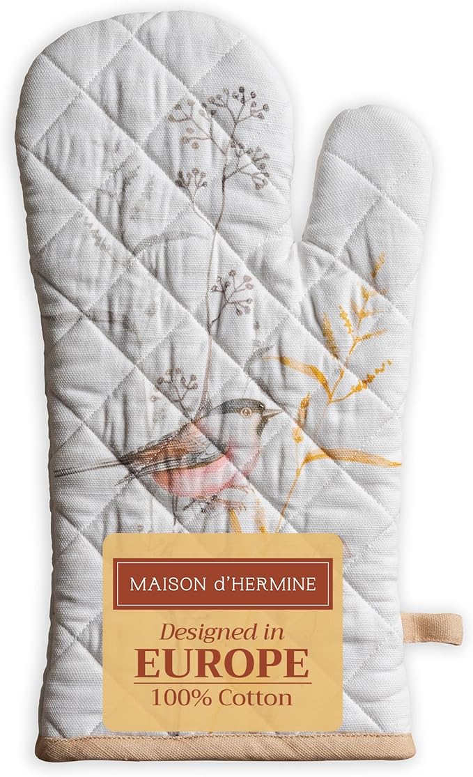 Maison d'Hermine Oven Gloves 100% Cotton Oven Mitt 7" x 13" with Loop Heat Resistant BBQ Cooking Gloves Baking Grilling Gifts for Mothers Day Spring/Summer (Pack of 1, Meadow Florals - Beige)
