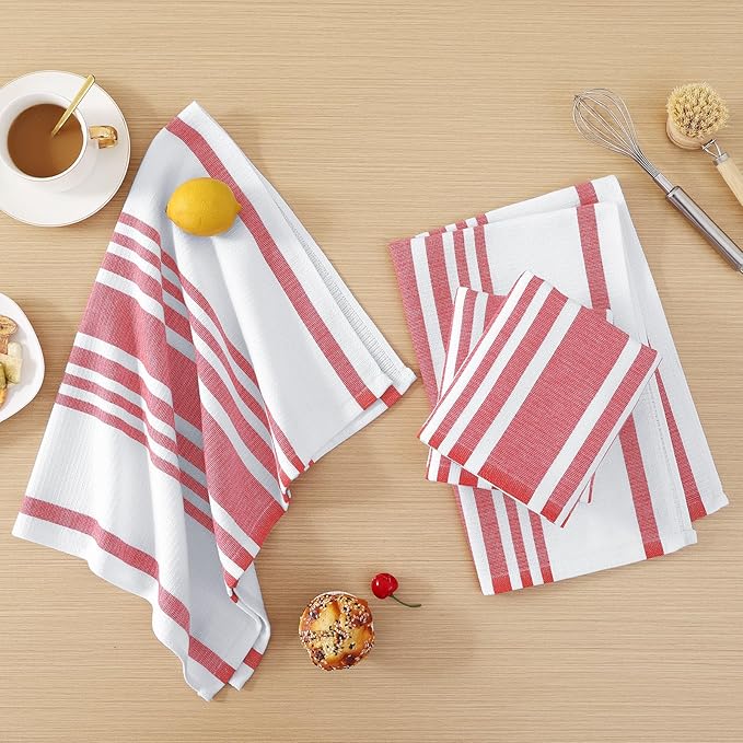 Homaxy Premium Kitchen Towels 18”x 28”, Large Cotton 380 GSM Kitchen Hand Towels, Stripe and Terry Dish Towel, Highly Absorbent Tea Towel Set with Hanging Loop, 8 Pack, Red