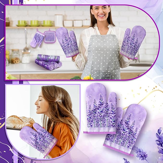 VitalCozy 10 Pcs Lavender Kitchen Decor Lavender Kitchen Towels and Rugs Oven Mitts and Pot Holders Set Hand Towels Purple Decorative for Baking Cooking BBQ