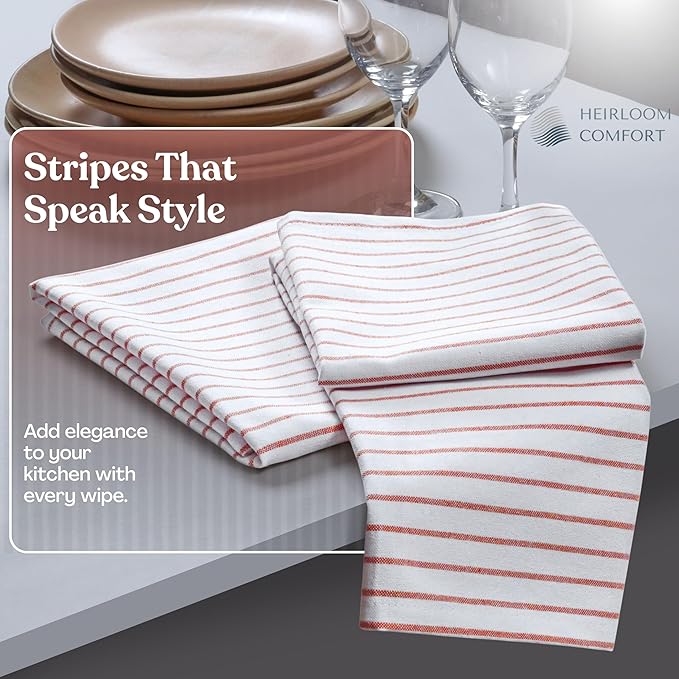 Red Stripe Cotton Kitchen Towels Set of 3, Durable & Super Absorbent Dishcloths Pack, Classic Stripe Towel Set, Quick Dry Towels for Daily Kitchen Use, Wiping & Drying Dishes