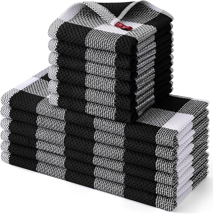 Homaxy Kitchen Towels and Dishcloths Set, 12 x 12 and 13 x 28 Inches, Set of 12 100% Cotton Waffle Weave Check Plaid Kitchen Dish Towels, Super Soft and Absorbent Dish Cloths, White & Black