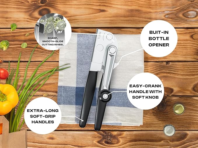Heavy Duty Can Opener with Magnet – Commercial Can Opener Manual for Seniors, Hand Held, Sharp Blade, Smooth Edge – Folding Knob for Easy Storage, Built in Bottle Opener