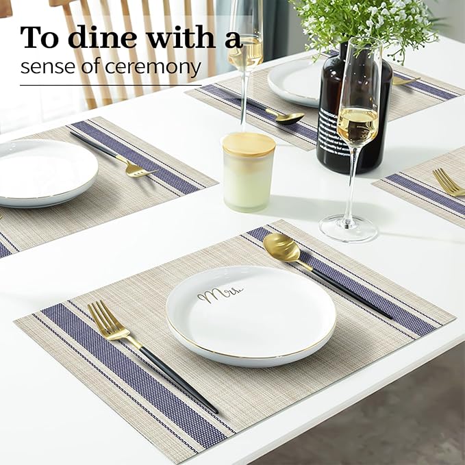 Khaki Blue Placemats Set of 4, 12x18 Inch Heat-Resistant Washable Easy to Clean Place Mats, Faux Linen Cloth Table Mats Suitable for Indoor/Outdoor Parties & Kitchen Decor (Khaki Blue)
